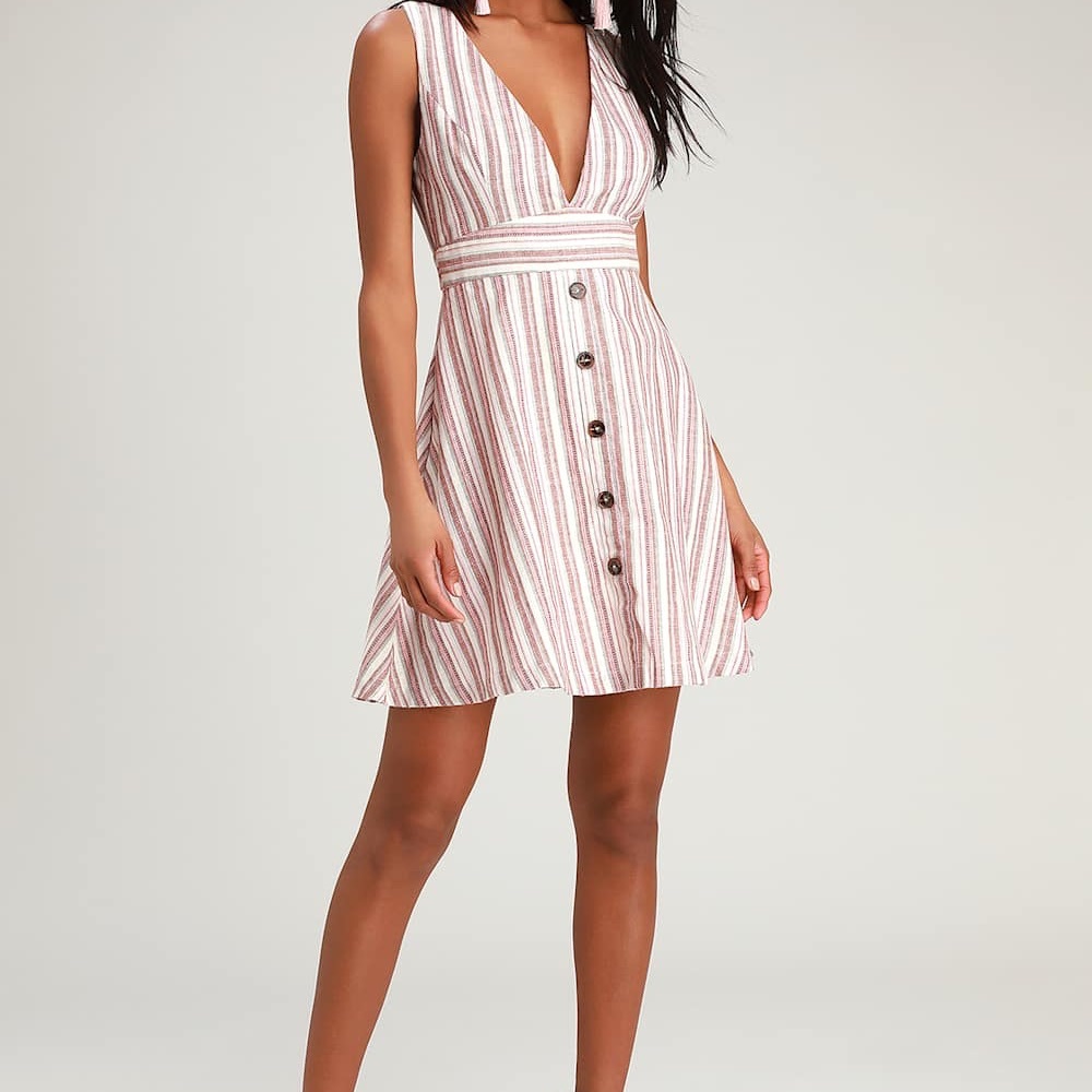 Lulu’s Shayden Tan Multi Striped Mini Dress